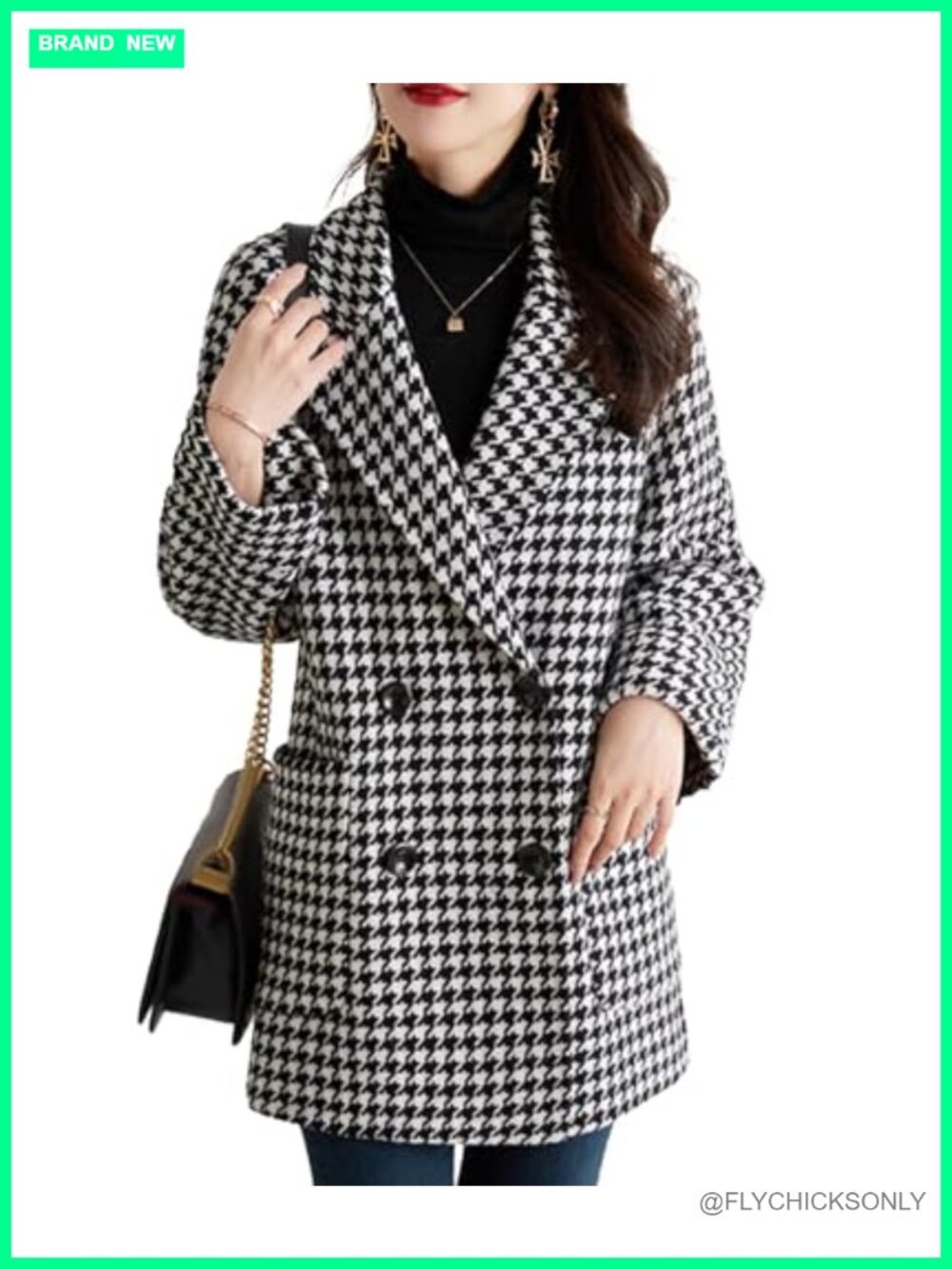 Women's Houndstooth Double Breasted Peacoat Trench Coat
